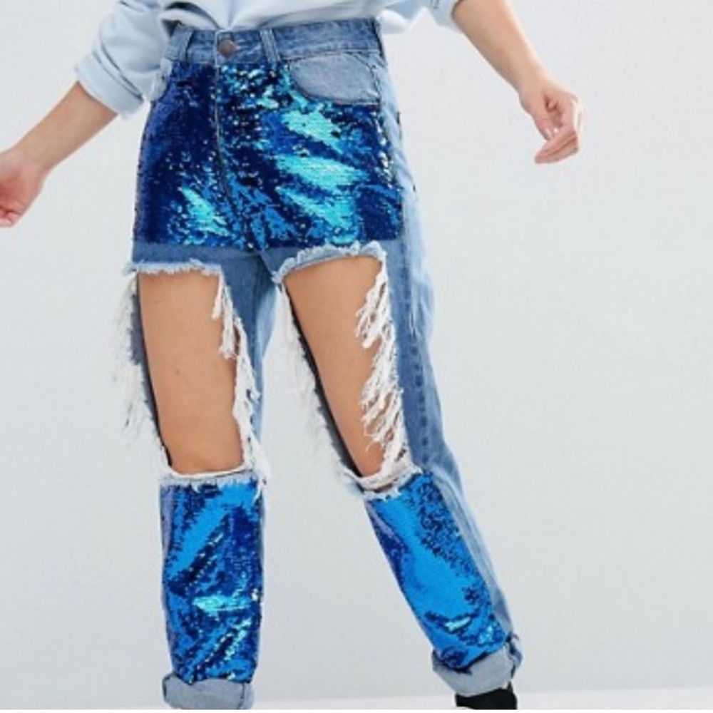 Liquor N Poker destroyed sequined jeans size 10